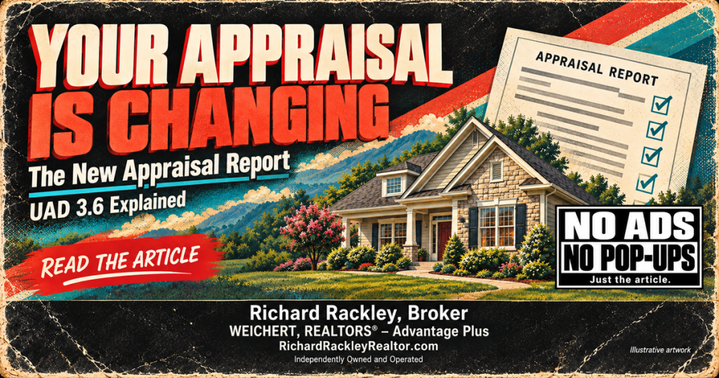 Retro VHS-style illustration of a home and appraisal document, titled Your Appraisal Is Changing: The New Appraisal Report, UAD 3.6 Explained.