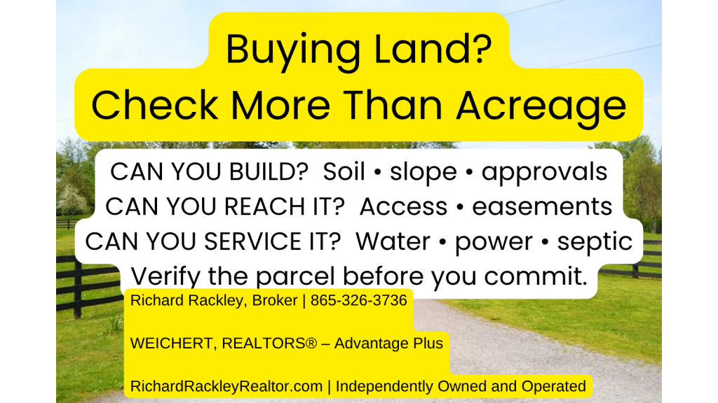 Buying land? Check buildability, access and utilities before committing: soil, slope, approvals, easements, water, power and septic.